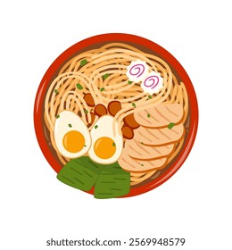 Ramen Noodle Soup Top View. Japanese Food Illustration