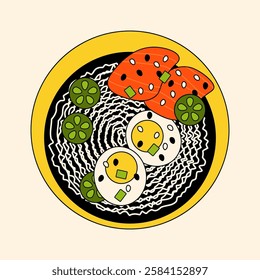 Ramen noodle soup. Traditional asian noodles in soup bowl, japanese food with broth and spices, hot meal with salmon eggs and pepper. Vector cartoon illustration.