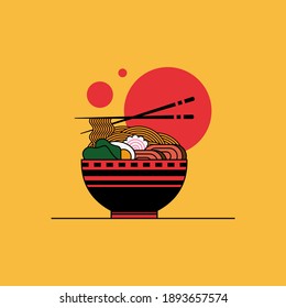 Ramen noodle vector illustration design. Noodles with egg and meat background. Bowl with ramen and sticks