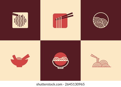 Ramen and Noodle Vector Logos. Minimal Japanese Food Icons, Asian Cuisine Logo Set, Noodle Bowl Branding Pack