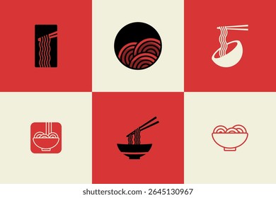 Ramen and Noodle Vector Logos. Minimal Japanese Food Icons, Asian Cuisine Logo Set, Noodle Bowl Branding Pack