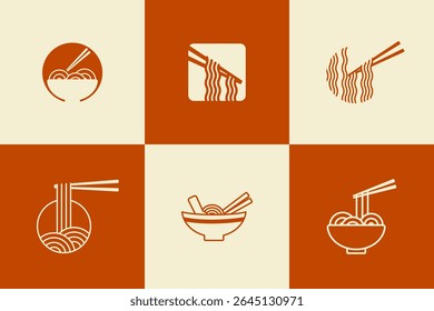 Ramen and Noodle Vector Logos. Minimal Japanese Food Icons, Asian Cuisine Logo Set, Noodle Bowl Branding Pack