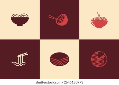Ramen and Noodle Vector Logos. Minimal Japanese Food Icons, Asian Cuisine Logo Set, Noodle Bowl Branding Pack