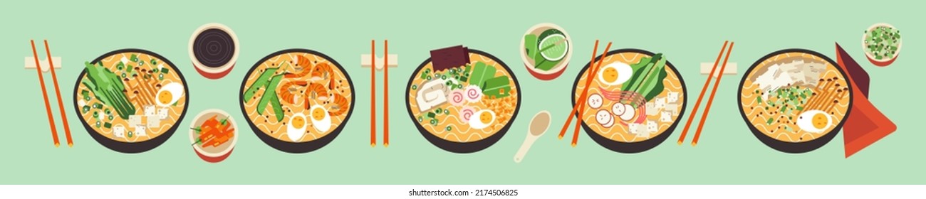 Ramen noodles asian soup. Bowl with spicy hot Thai food. Set of Japanese wok dishes with chopsticks and spices isolated. Vector flat geometric illustration of oriental cuisine delicacy culture.