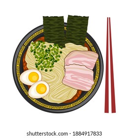 Ilustración de delicioso fideo de ramen de caldo de pollo sano con huevo hervido, cebolla verde y algas nori