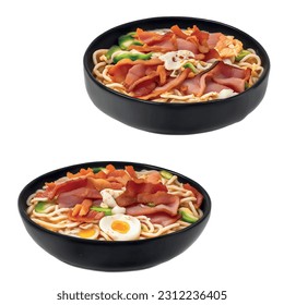 Ramen con fideos tocino y jamón con jalapeno 3d gráfico vectorial realista aislado fondo blanco comida rápida