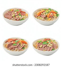 Ramen with noodles, beef, carrots, salami, oranges, strawberries, pistachios, looks delicious isolated on a white background in a 3D vector graphic for a restaurant.