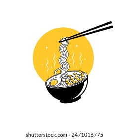 Ramen noodles in a bowl with chopsticks and fried shrimp and eggs