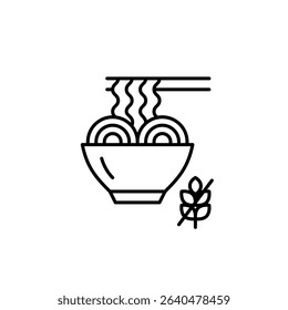 Ramen noodles in bowl, chopsticks and gluten free symbol. Dietary restrictions, food labelling. Pixel perfect, editable stroke vector icon. Asian fast food