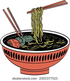 ramen noodles in a bowl with chopsticks, illustrator, Flat Cartoon Style