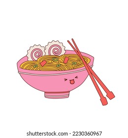 Ramen noodles bowl kawaii cartoon mascot. Asian food cute character. Vector hand drawn contour illustration isolated on white background.