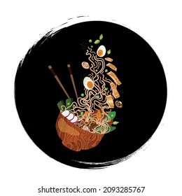 Ramen noodles bowl logo illustration.Vector food illustration hand-drawn in cartoon realistic style.Traditional Asian cuisine,ramen with chicken,egg,mushrooms and vegetables,flying noodles in a bowl