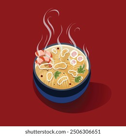 Ramen noodles. Bowl with noodle, shrimp and vegetables. Vector illustration.