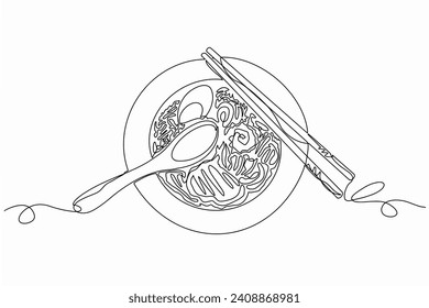 Ramen noodles bowl with spoon and chopsticks, continuous one line art, cartoon vector illustration hand drawn isolated on white background