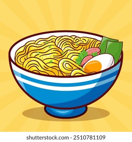 Ramen Noodles in a Bowl Topped with Boiled Egg, Vegetables and Fish Cake Ramen. Food Object Concept with Retro or Vintage Background