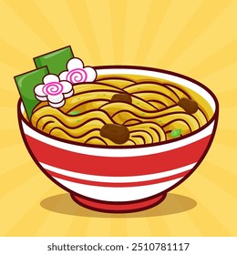 Ramen Noodles in a Bowl Topped with Boiled Egg, Nori and Fish Cake Ramen. Food Object Concept with Retro or Vintage Background