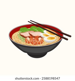 Ramen noodles cartoon vector. Sashimi wheat shrimps bowl meat fish eggs ,national traditional asian street restaurant food, isolated illustrations