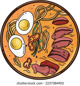 Ramen with noodles, chili, egg, and beef. Asian food. Doodle illustration for menu, and banner.