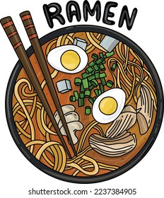 Ramen with noodles, chili, egg, and beef. Asian food. Doodle illustration for menu, and banner.