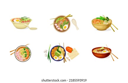 Ramen noodles with chopsticks set. Traditional Asian soup served in deep bowls vector illustratio