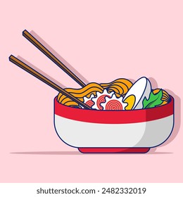 Ramen Noodles Concept With Floating Cartoon Chopsticks. illustration of Noodles, ramen, spaghetti, pasta hand drawn vector, Isolated Premium Vector Food Object Icon Concept. Flat Cartoon Style.