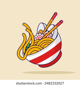 Ramen Noodles Concept With Floating Cartoon Chopsticks. illustration of Noodles, ramen, spaghetti, pasta hand drawn vector, Isolated Premium Vector Food Object Icon Concept. Flat Cartoon Style.