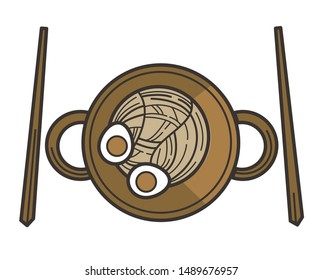 Ramen noodles with egg in bowl with chopsticks isolated dish vector. Asian fast food, Chinese or Japanese cuisine and culinary, cooking ingredients and wooden sticks. Street snack or restaurant meal