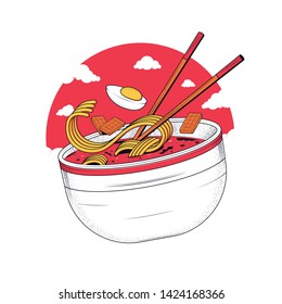 Ramen noodles. Noodles with egg and meat. Bowl with ramen and sticks on the background of the sun and clouds. Vector illustration