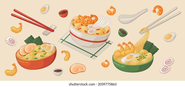 Ramen noodles with eggs. Japan meal cartoon vector illustration set
