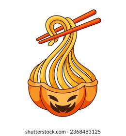 Ramen noodles halloween food illustration vector. Halloween soba meals menu. Halloween noodles with pumpkin menu icon.  
Halloween ghost pumpkin head cartoon. Japanese food noodles with pumpkin head.