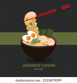 Ramen noodles illustration. Japanese food isolated flat vector. Flavourful, hearty noodle soup.