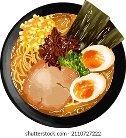 Ramen Noodles Japanese Food illustration Vector. Ramen in bowl. Japanese noodle dishes soy sauce ramen