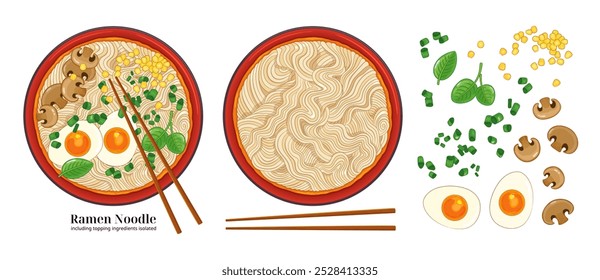 Ramen noodles Japanese or Korean traditional food. Bowl of ramen soup with chopsticks top view vector illustration. Asian noodles, eggs, mushrooms, corn, onion, basil leaves. Oriental dish isolated.