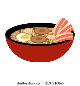 Ramen noodles Japanese soup bowl in flat design on white background. Asian meal.