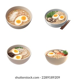 Ramen con fideos sobre un fondo blanco con un delicioso tonkotsu ramen japonés de un ícono 3D. Ilustración del vector