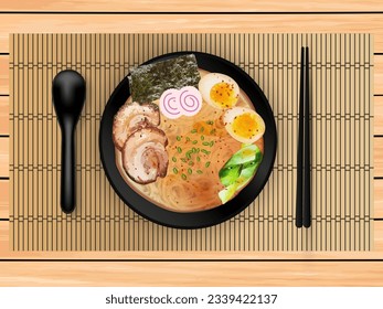 Ramen noodles on wooden table viewed from above Used for the cover image. food advertising poster