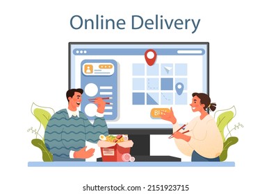 Ramen noodles online service or platform. Traditional Japanese food, bowl of soup with meat, noodles, mushrooms and seaweed. Online delivery. Vector illustration