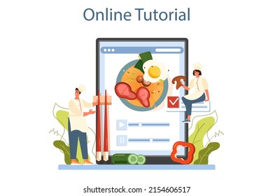 Ramen noodles online service or platform. Traditional Japanese food, bowl of soup with meat, noodles, mushrooms and seaweed. Online video tutorial. Vector illustration