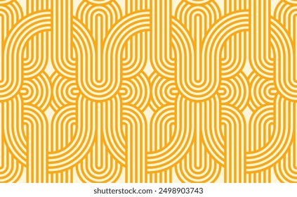 Ramen noodles pasta seamless pattern. Vector tile background featuring intertwined macaroni or spaghetti strands, curved lines and waves in yellow colors, creating a repeating and continuous effect