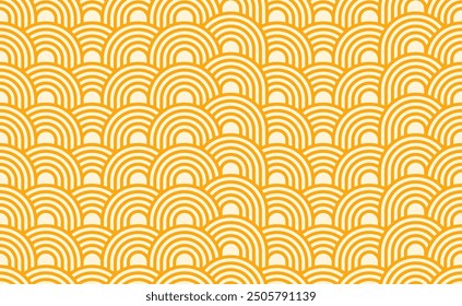 Ramen noodles pasta seamless pattern. Vector tile background featuring intertwined macaroni or spaghetti strands, curved lines and waves in yellow colors, creating a repeating and continuous effect