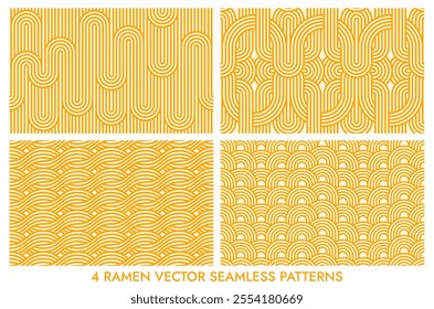 Ramen noodles pasta seamless patterns. Asian cuisine food vector backgrounds set with yellow waves and curved lines. Japanese and chinese ramen geometric patterns of traditional oriental noodles dish