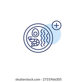 Macarrão Ramen e símbolo de adição. Expansão do menu, novos itens necessários. Serviços asiáticos de entrega e entrega de comida. Pixel perfeito, ícone de vetor de traço editável