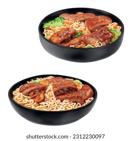 Ramen noodles pork ribs and sausages 3d realistic vector graphic isolated white background fast food