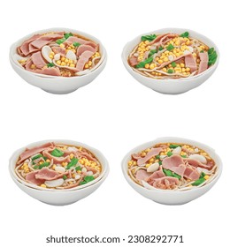 Ramen with noodles, rabbit, corn, ham, papayas, elderberries, chestnuts, looks delicious isolated on a white background in a 3D vector graphic for a restaurant.