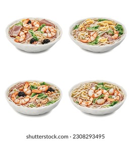Ramen with noodles, shrimp, cabbage, ham, lemons, blackberries, hazelnuts, looks delicious isolated on a white background in a 3D vector graphic for a restaurant.