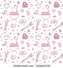 Ramen noodles with shrimps. eggs, mushrooms and onion. Traditional Chinese and Japanese dish. Flat vector isolated illustration. Seamless pattern, Pink outline icon.