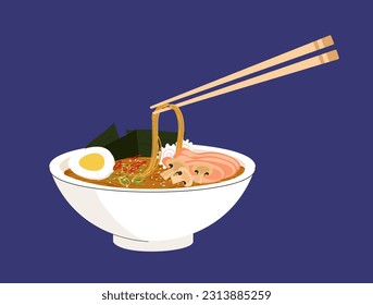 Ramen noodles soup in bowl concept. Traditional korean food and Asian Cuisine. Cafe or restaurant menu. Shrimps, mushrooms and egg. Cartoon flat vector illustration isolated on blue background