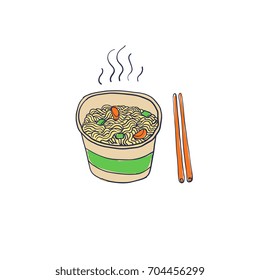 Ramen noodles soup and chopsticks doodle style, hand drawn vector icon, asian noodle bowl. Traditional Chinese and Japanese dish. Isolated vector illustration.