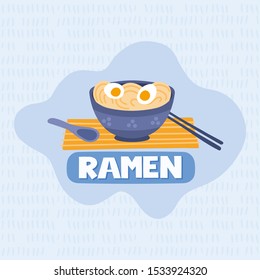 Ramen noodles soup. Vector Cartoon Japanese Ramen.  Hand drawn illustration