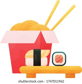 Ramen Noodles and sushi Vector flat Illustration on white background.